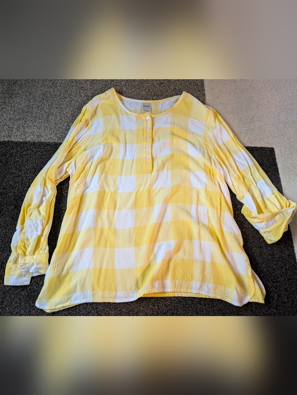 Summery Light Weight White And Yellow Plaid Button Up Blouse